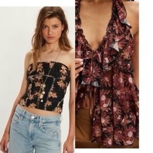 2 Free People tops. Strapless Tube Top - Knit Tank Black with Tan Floral